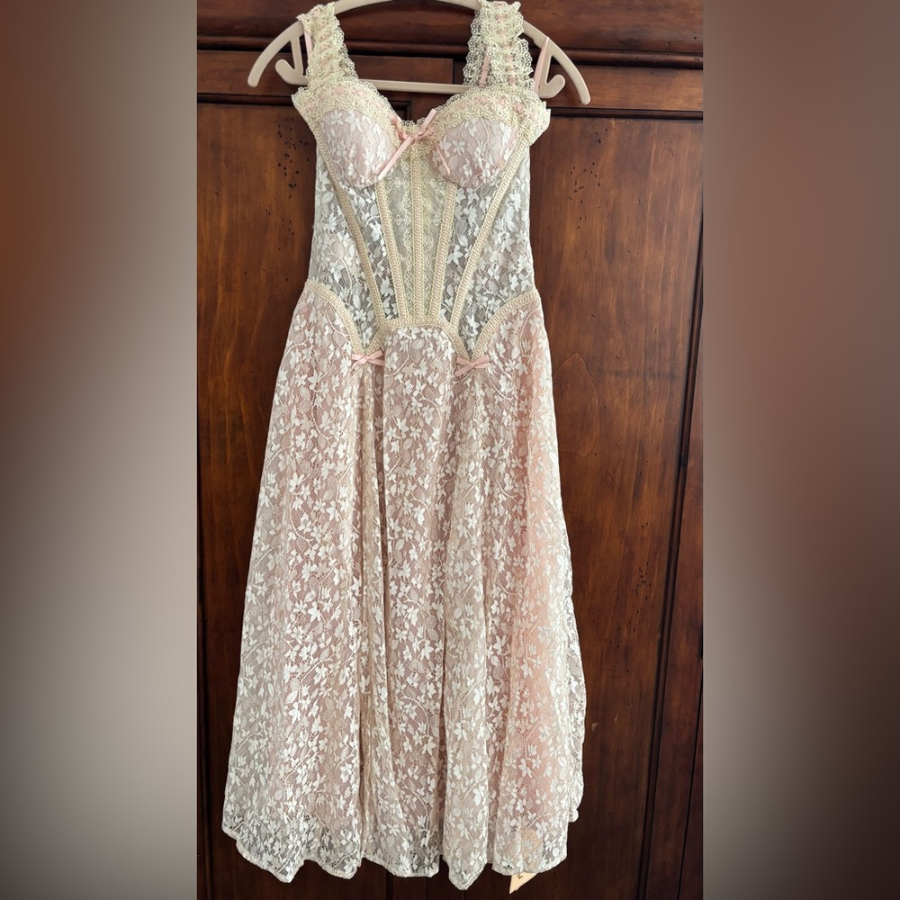 Lace Midi Dress with Built-In Corset — Blush Pink